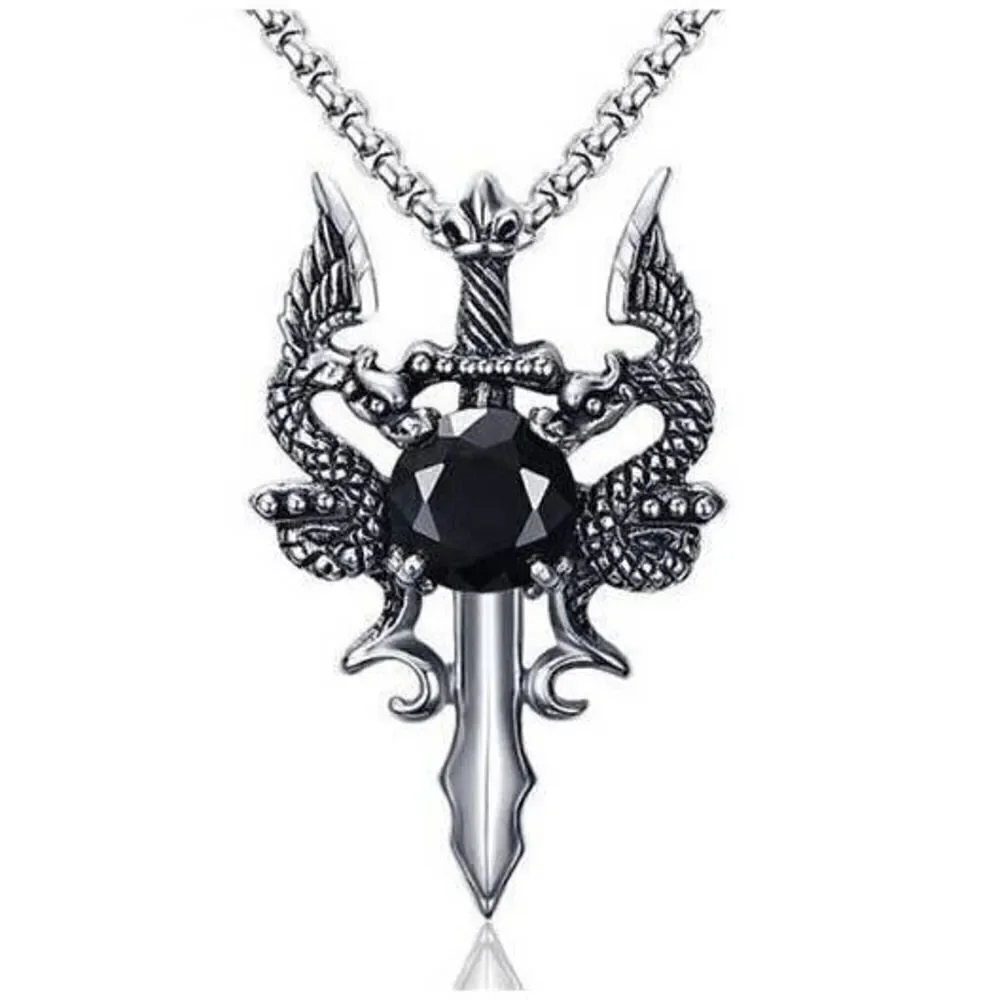 STAINLESS STEEL BLACK DIAMOND TWIN DRAGON CROSS SWORD NECKLACE